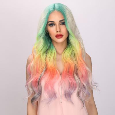 China European ladies and American women's curly hair wave rainbow lace wig fashion wig rainbow color for sale