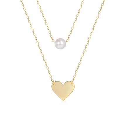 China Nickel-Free Lead-Free Fine S925 sterling silver Necklace Double Layered Pearl Heart18k Pure Gold Plated Pendant Necklace for sale