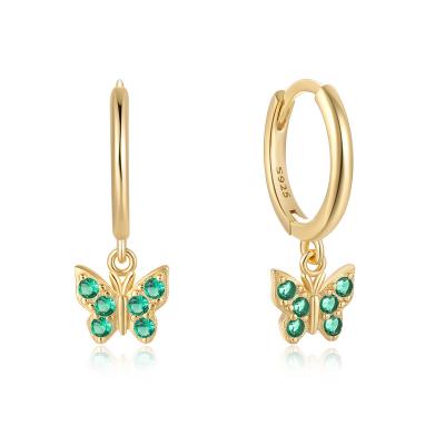 China TRENDY Fashion Gold Plated Diamond Butterfly Earrings 925 Silver Jewelry Butterfly Dangle Hoop Earrings For Women for sale