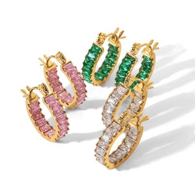 China TRENDY Trendy Emerald Green Crystal Zircon Baguette Hoop Earrings Stainless Steel Zircon Jewelry Earrings Hoops Wholesale for sale