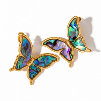 China TRENDY Colorful Stainless Steel Stud Earrings 18K Gold Plated Abalone Shell Butterfly Earrings for sale