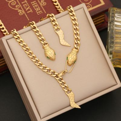 China Material Friendly 3pcs/set Diamond Snake Pendant Earrings Necklace Set Chain Adjustable Cuban Women Gold Bracelet Charms Fine Jewelry Accessories for sale