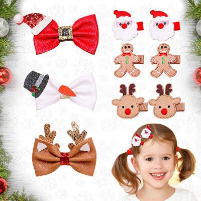 China Cute Cartoon Hair Decoration Handmade Children Santa Claus Elk Bow Hair Clips Christmas Leather Hairpin Hair Decoration 9pcs/set for sale