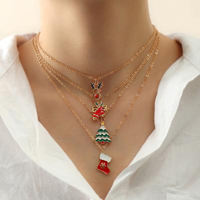 China Multi Layered Christmas Necklace Santa Claus Elk Pendant Choker Women Festival Day Party Jewelry Accessories Gift Set 4pcs/set Friendly Material for sale