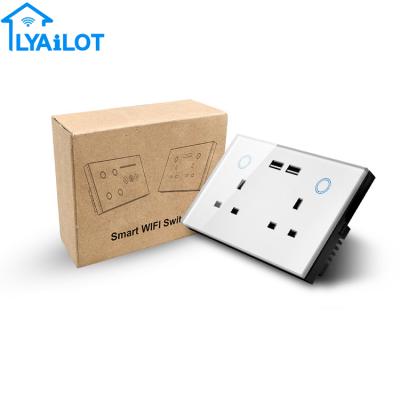 China Lyailot Smart Wall Socket Easy Install Alexa and Google Home Touch Panel Dual USB Glass Charger Compatible UK Wall Socket with Power Monitoring for sale