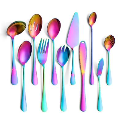 China Sustainable Multicolor Rainbow Stainless Steel Serving Flatware Set Colorful Serving Cutlery Utensils Set for sale