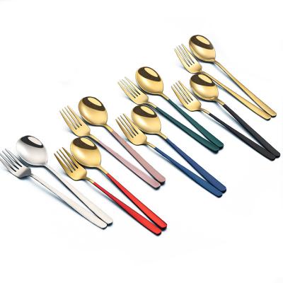 China Korean Viable Gold Series and Metal Fork Colorful Handle SS304 Stainless Steel Spoon Spoon Dinner Fork for sale