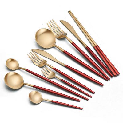 China Sustainable High Quality SS 304 Gold Stainless Steel Cutlery Sets With Red Handle Knife Spoon Fork for sale