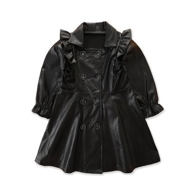 China 2021 New Design Girls Black Breathable Western Style Double Breasted Lapel Leather Jacket Mid Length Coat for sale