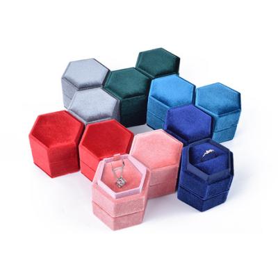 China Plastic & Hot Selling Logo Velvet Ring Boxes Custom Double Ring Jewelry Gift Box Octagon Velvet Pendant Jewelry Box for sale