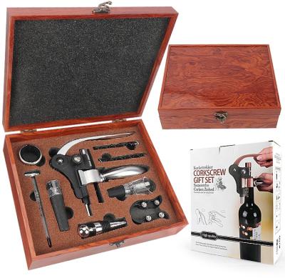 China Hot Stocked Selling 9 Rabbit Corkscrew Wine Kits Set In Mirror Wooden Box Outer Box For Wine Lovers for sale