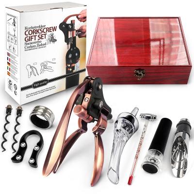 China Factory Supply Hot Sale Luxury Stocked Wine Accessories Sets With Corkscrew In Mirror Outdoor Reddish Wooden Box for sale