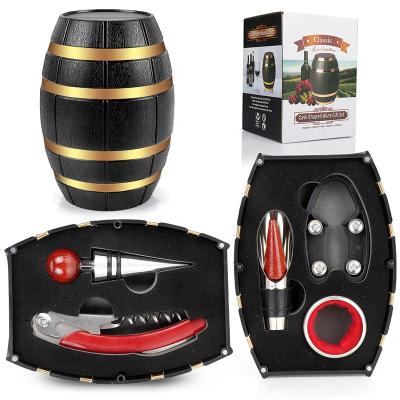 China Viable Hot Sale Luxury Shaped Wine Barrel Wine Bottle Opener Sets With 5 Kits In Gifted Box for sale