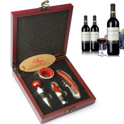 China Viable Wooden Box 4 Pieces Accessory Gift Wine Set Wine Opener Set For Birthday Wedding Christmas for sale