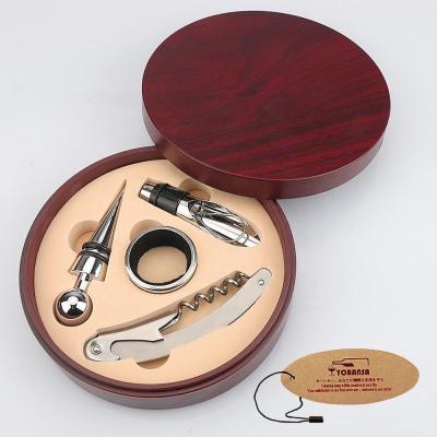 China Hot Selling Wooden Gift Box 4 Pieces Accessories Gift Wine Set Wine Opener Set For Birthday Wedding Christmas for sale