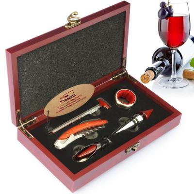 China Home Wooden 5 Pieces Accessories Gift Wine Box Set Wine Opener Set For Birthday Wedding Christmas for sale