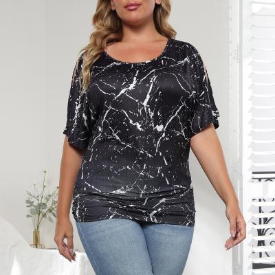 China European and American large size women's anti-shrink off-shoulder folded irregular round neck casual T-shirt top for sale