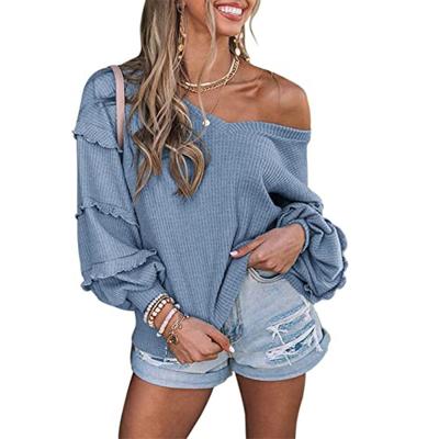 China Autumn and winter new fashion women's casual v-neckline ruffled lantern sleeve beautiful QUICK DRY top for sale