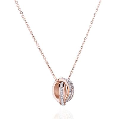 China SHX023 Special Titanium Steel Rose Gold Rhinestone Double Circle Roman Numerals Allergy Resistant Couple Necklace for Women Men Jewelry for sale