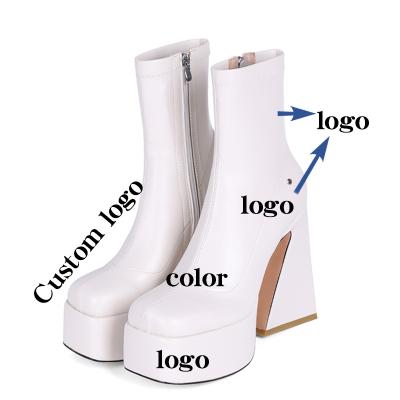 China Cuctom Waterproof Support Design Shoes Botas Square Heel Plataforma Logo White Lady Ankle Boot Custom Made For Woman for sale