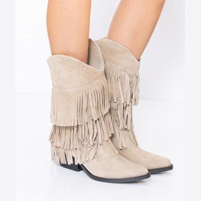 China Support Waterproof Custom Design Fashion Women Toe Fringe Knee High Tassel Headed Shoes Women Half Boots Ladies Botas De Winter for sale