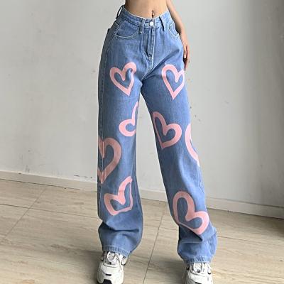 China 2022 Women Clothing Fashion High Waisted Breathable Wide Leg Jeans Pants Stylish Print Streetwear Casual Female Jeans Pants for sale