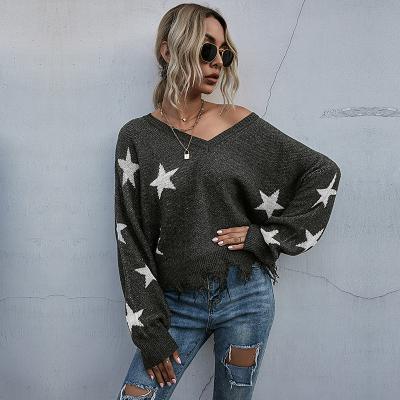 China QUICK DRY High Quality Female Graphic Long Sleeve V-Neck Star Design Knitted Pullover Safety Fabric Slim Women Knitted Plus Size Sweater for sale