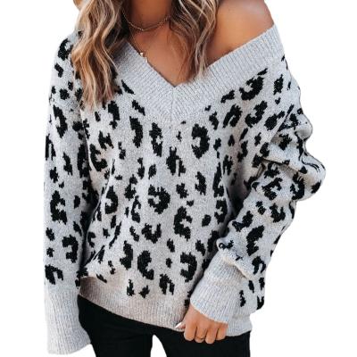 China 2021 JST Autumn And Winter New Womens Loose Sweater V-Neck Leopard Print Breathable Strapless Sweater for sale