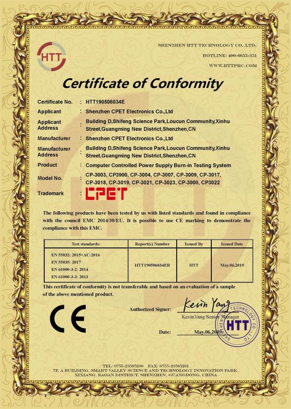 Certificate of Conformity - Shenzhen CPET Electronics Co., Ltd.