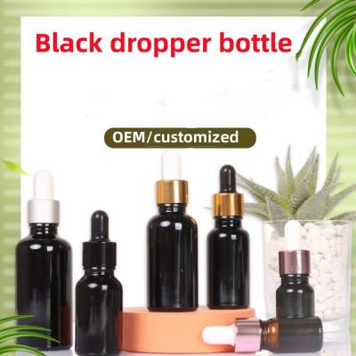 China 5ml 10ml 20ml 30ml 50ml Empty Black Glass Essential Oil Bottles with Dropper Boston Round Lotion Serum Pump bottle for sale