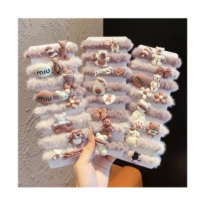 China New Environmentally Friendly Cute Fluffy Scrunchie Set Cartoon Thick Leather Bear Fur Scrunchy Hair Ties Elastic Hair Bands For Women Girls for sale