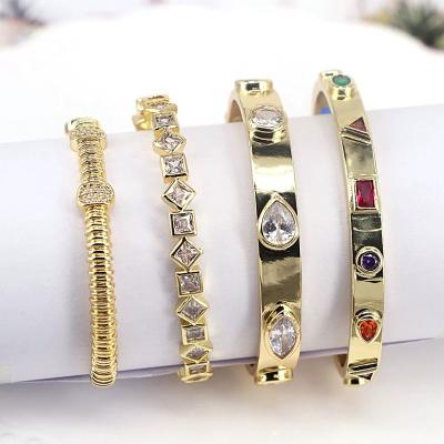 China Hot Selling Trendy 18k Gold Plated Cuff Brass Colorful Cubic Zircon Bracelets and Bangles Adjustable Jewelry Women for sale