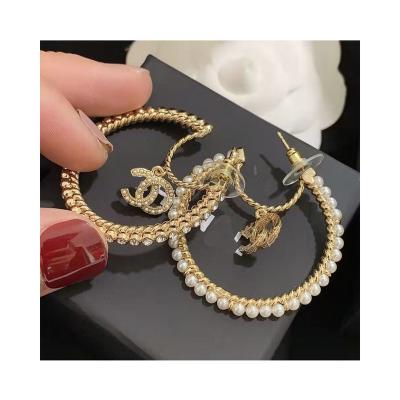 China 2021 Luxury Korean Trendy Diamond Crystal Pearls Full Paved Big Circle Channel Drop Letter cc Pearl Open Earrings for sale