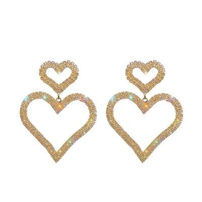 China New Fashion TRENDY Full Crystal Rhinestone Double Hollow Heart Bling Stud Earrings For Women 2021 for sale