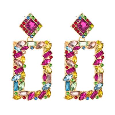 China JY Fashion Gold Colorful Rhinestone Metal Geometric Square Dangle Earrings For Women Vintage Statement Earrings Jewelry 2021 for sale