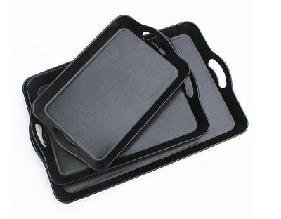 China Wholesale Hotel Rectangle Non-slip Black PP Plastic Hotel Restaurant Serving Tray Polypropylene Plastic Serving Tray With Handle for sale