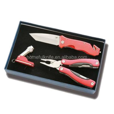 China Multi tool style red multipliers, pocket knife and flashlight set for sale