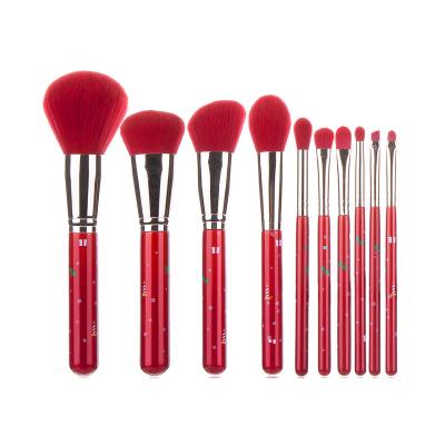 China Angular Blush Latest Design Christmas Style Synthetic Fiber Handle Custom Red Wood Label 10 Pieces Makeup Brush Set for sale