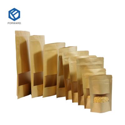 China Recyclable Eco-Friendly Reusable Kraft Paper Holder Up Zipper Bag Tea Packaging Window Brown Wrapping Paper Food Bag Zipper Lock for sale