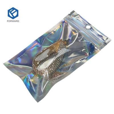 China Front Holographic Laser Foil Small Zipper Seal Recyclable Clear Bag Foil Holographic Bag For Party Food Storage for sale