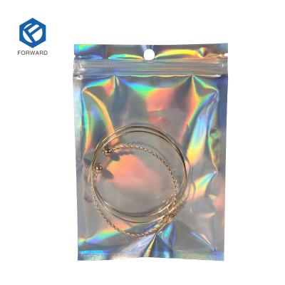 China Recyclable Zip Lock Bags Cosmetic Plastic Laser Bags Holographic Makeup Hologram Zipper Bags for sale