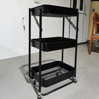 China Factory direct sale modern home kitchen shelves 3 tier black metal mobile folding cart for sale