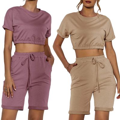 China Breathable Custom Design Crop Top Biker Shorts Matching Two Piece Tracksuit Gear Women Biker Short Set for sale