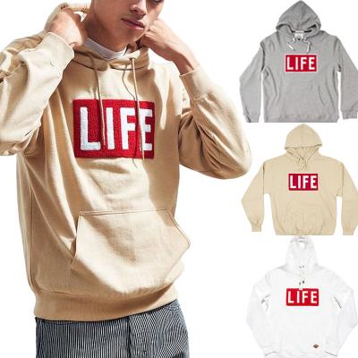 China Dark tan 100% terry cotton chenille patch mens sweatshirt hoodies custom anti-shrink fleece hoodies for sale