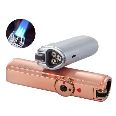 China Outdoor Triple Metal Torch Igniter Metal Butane Gas BBQ Butane Jet Flint Lighter BBQ Cigar Spray Gun Windproof Instruments For Men for sale