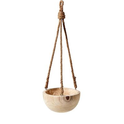 China CLASSIC Paulownia Wooden Hanging Bowl with Jute Rope Ideal for Home, Garden, Office Decor for sale