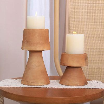 China Minimalist Candle Holders For Pillar Candles, Rustic Farmhouse Wood Pillar Candlesticks Great For Any Table Top Mantel Set Brown Color for sale