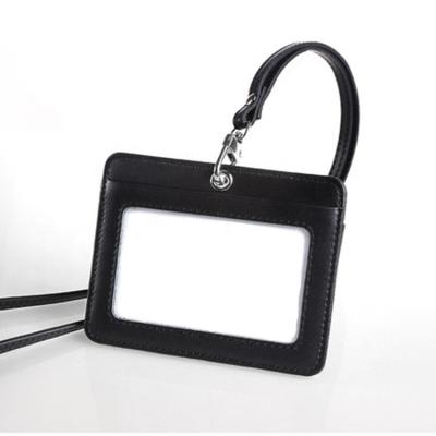 China Custom Fashion Logo Leather ID Badge Holder RFID Blocking Slim Wallet Lanyard Card Case For Women Men for sale