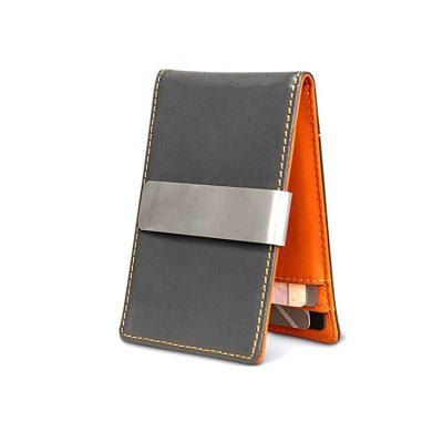 China Customized Eco-friendly/Unique Fashion PU Leather Metal Credit Card Holder Bifold Wallets RFID Blocking Front Business ID Leather Card Holder for sale