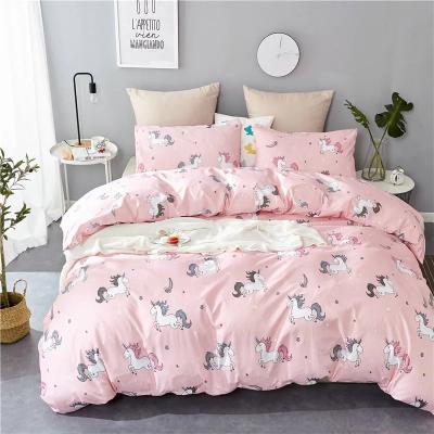 China High Quality Disposable Comfortable 100% Reactive Print Cotton 4pcs Bedding Set Pink Twin Unicorn Printed Kids Sheet Set for sale